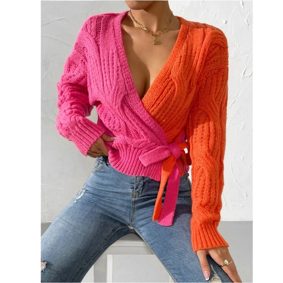 Cable Knit Wrap Cardigan Tie Side V-Neck Colorblock Pink Orange - Picture 2 of 9